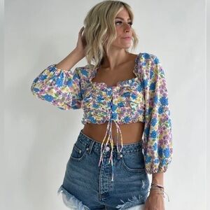 NWT Long Puff Sleeve Floral Crop Top